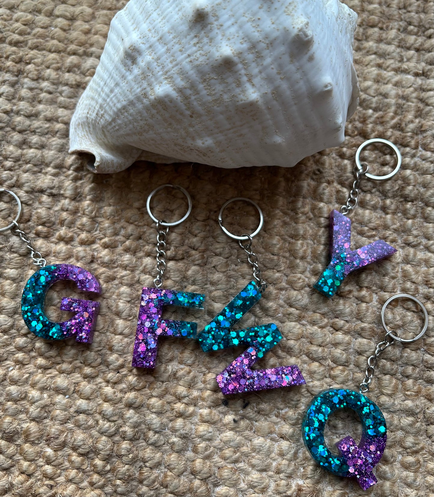 Glitter Initial Resin Keyring - Turquoise and Purple