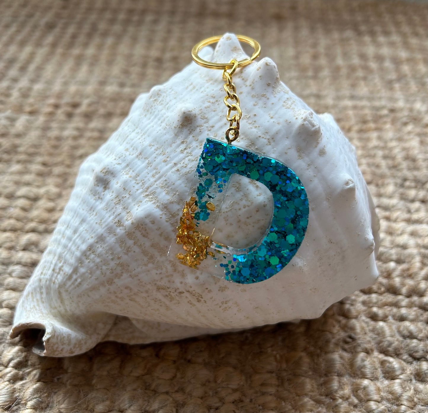 Glitter Initial Resin Keyring - Turquoise and Gold