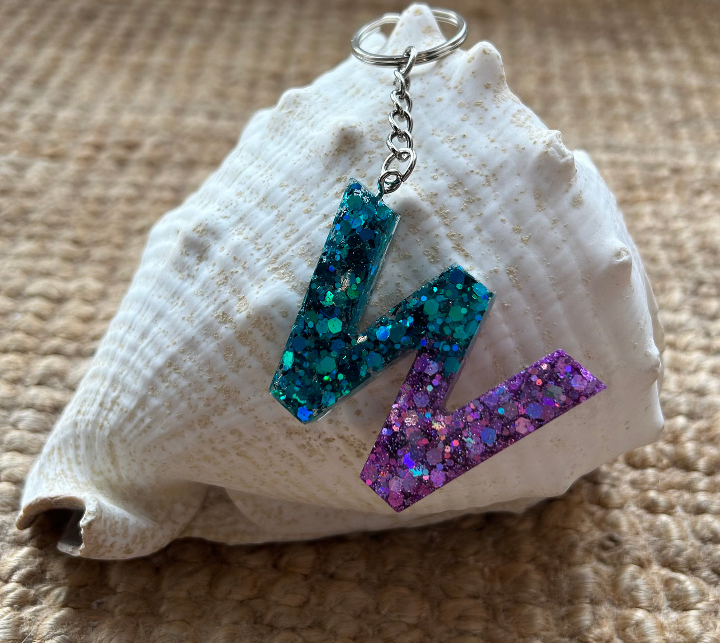 Glitter Initial Resin Keyring - Turquoise and Purple