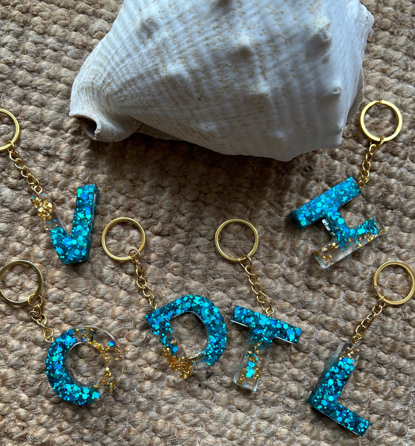 Glitter Initial Resin Keyring - Turquoise and Gold